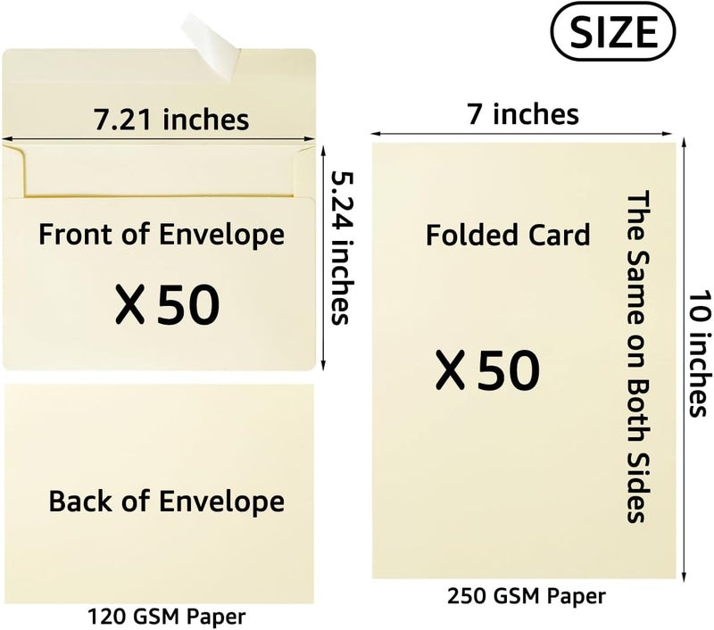 Wishop 50 Pack Self-Adhesive Envelopes with Fold Cards for Wedding Invitations, Greeting Cards, Baby Shower, Letter Mailing (Cream Color, 5x7) - Image 2